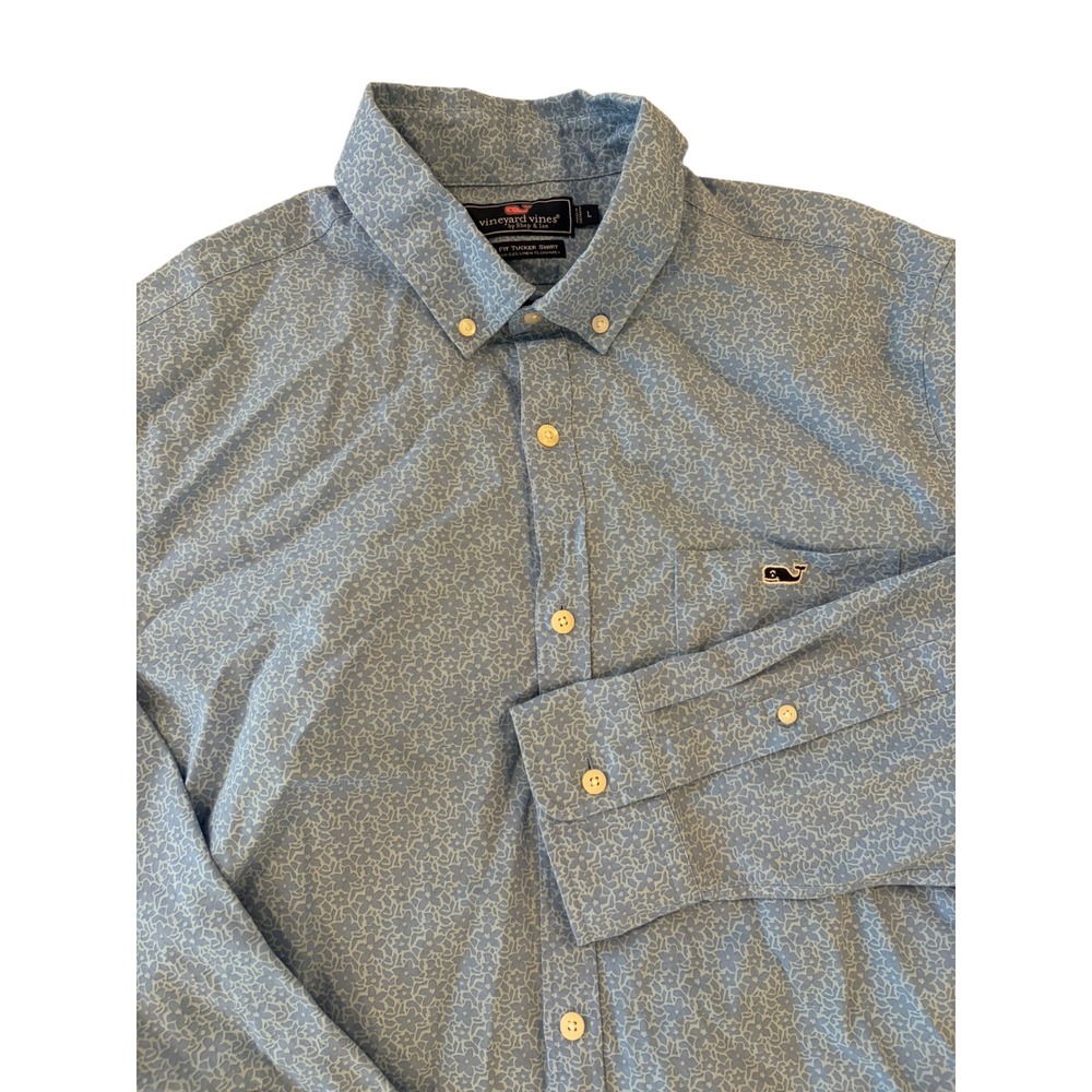 Vineyard Vines Slim Fit Tucker Shirt Mens Large Blue Cotton Linen Floral Print‎